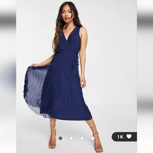 Asos wrap bodice with midi dress with tie waist and pleated skirt
